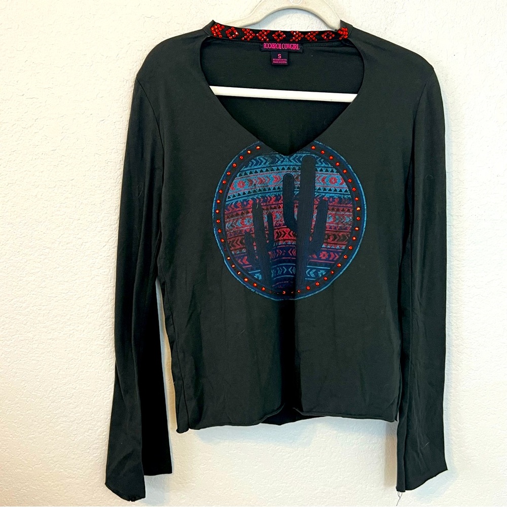 Rock & Roll Cowgirl Rhinestone Cactus Long sleeve Top
